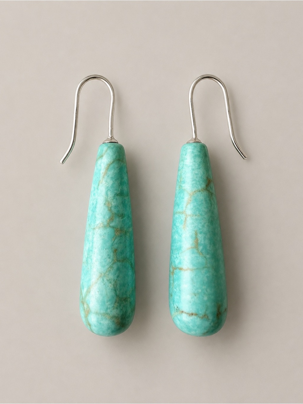 Turquoise Blue Stone Teardrop Dangle Earrings Silver Tone